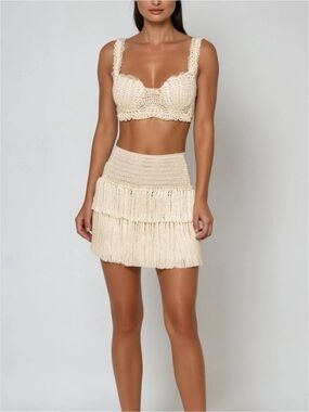 Innovare Denim Crochet Fringe Mini Set  Skirt in Cream